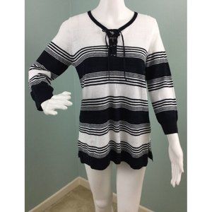 NWT Women's Jones New York White/Dark Navy Striped Lt Weight Sweater Sz Medium